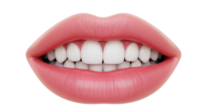 Realistic pink lips with perfect white teeth isolated on transparent background, dental care and beauty concept
