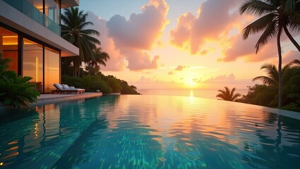 Glass walled infinity pool at sunset.