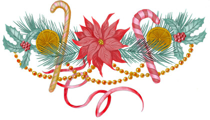Watercolor Christmas garland PNG transparent decoration with poinsettia and pine tree branches