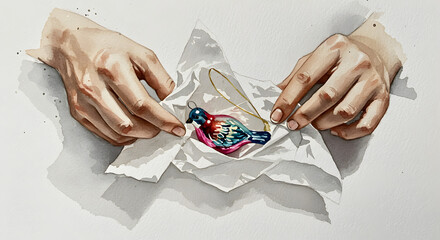 A watercolor illustration of hands carefully wrapping a delicate glass ornament, a concept for blogs about gift wrapping and preserving holiday memories.