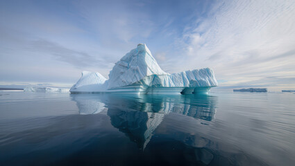 Majestic iceberg reflects in calm arctic waters under a dramatic sky with sun rays breaking through clouds
