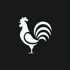 Minimalist rooster white vector icon, chicken logo design on dark background for eco packaging and rural brand identity.