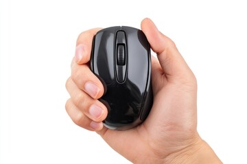 Fototapeta premium Hand holding a black wireless computer mouse on a white background.