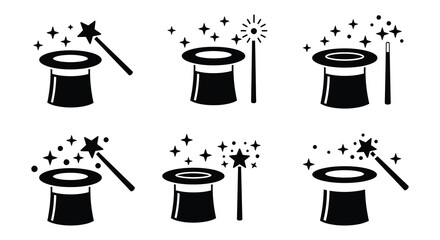 Black and white illustration of magic hats with stars and wands