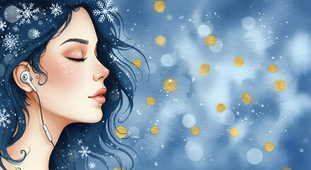 A watercolor illustration of a serene woman listening to Holiday music, a concept for winter playlists, mindfulness blogs, and artistic greeting cards.