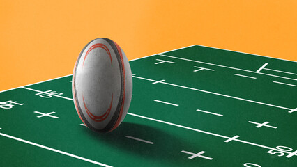 Contemporary collage. Oversized rugby ball on green marked field with orange background. Concept of sports branding, creative poster design, team spirit, education and athletic promotion.