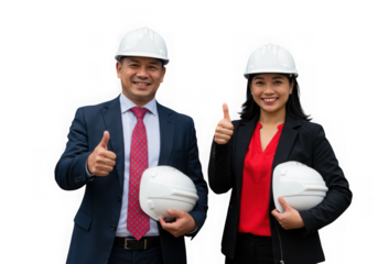 Two asian engineers with hard hats giving a thumbs up isolated on transparent background