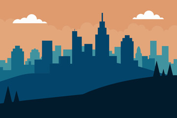 Fototapeta premium Stylized cityscape silhouette with hills and clouds against an orange sky