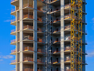 Vertical view of a modern concrete high-rise building under construction with orange safety barriers and clear blue sky