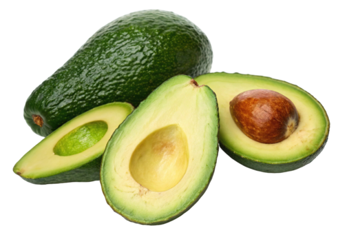 Fresh avocado fruit with a smooth green skin, a large seed, and a creamy flesh isolated on transparent background