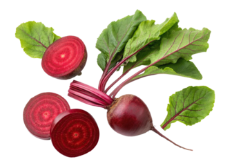 Fresh beetroot with green leaves and sliced halves isolated on transparent background