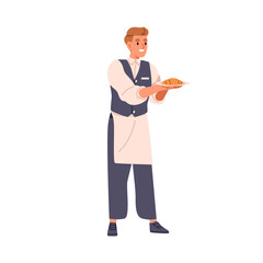 Obraz na płótnie Canvas Waiter serving croissant on plate. Man, cafe worker holding plate with fresh French bakery, dessert for breakfast meal. Restaurant service. Flat vector illustration isolated on white background