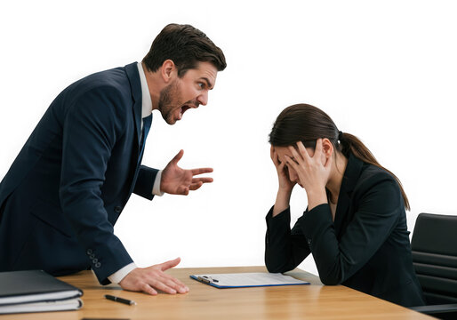 Angry boss yelling at employee in office isolated on transparent background