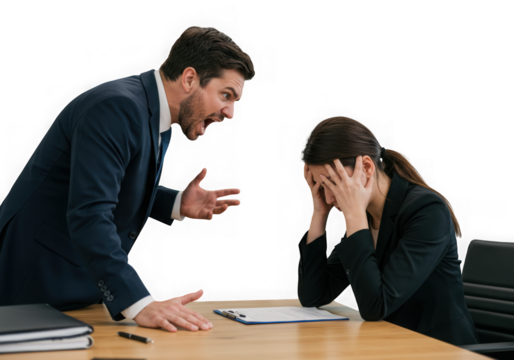 Angry boss yelling at employee in office isolated on transparent background