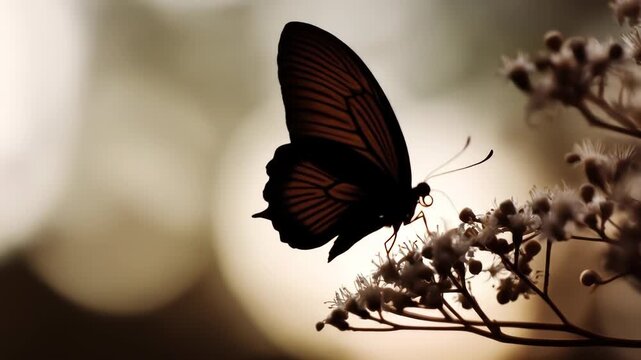 Silhouetted butterfly with intricate wing patterns perches on delicate dried flowers