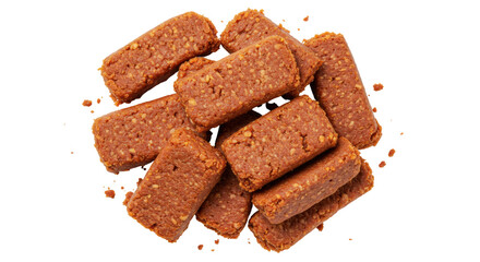 Pile of rectangular date bars isolated, healthy snack made from dates and nuts, energy boost on transparent background