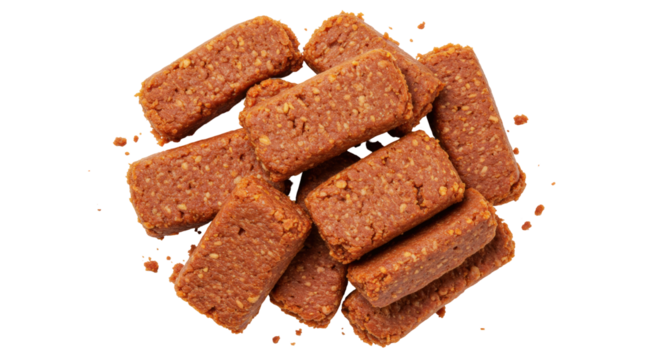 Pile of rectangular date bars isolated, healthy snack made from dates and nuts, energy boost on transparent background