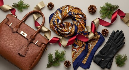 4k flat lay of a brown leather handbag, silk scarf, and black gloves arranged with festive ornaments and ribbon, creating a warm, elegant mood against a neutral backdrop.