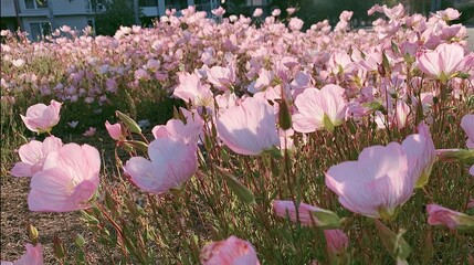 A large field of blooming pink flowers in the garden