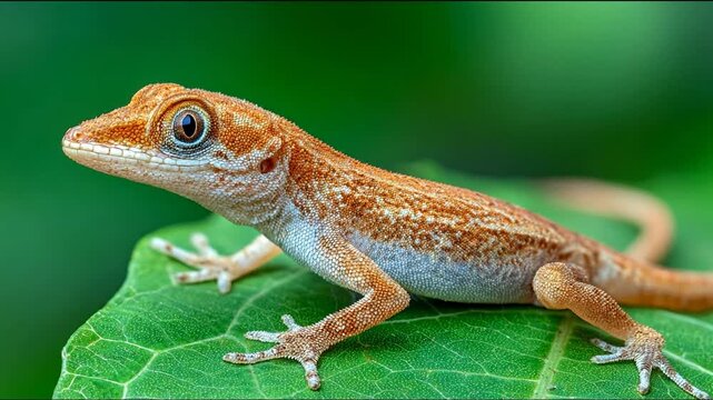 Brown lizard on a green leaf with textured skin and detailed features