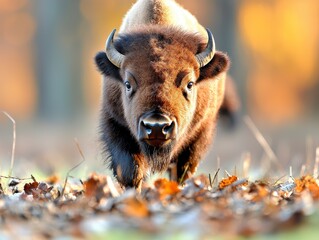 Majestic European Bison in Autumn Forest.