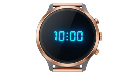 Smartwatch with digital display showing 10 00 isolated on white, modern wearable technology for fitness tracking and communication