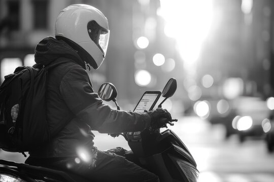 A scooter rider, helmeted and with a backpack, uses a mounted tablet. Urban scene, black and white, blurred city lights.