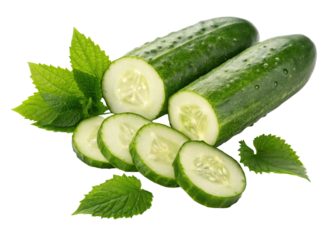 Fresh cucumbers with mint leaves isolated on transparent background, healthy food concept