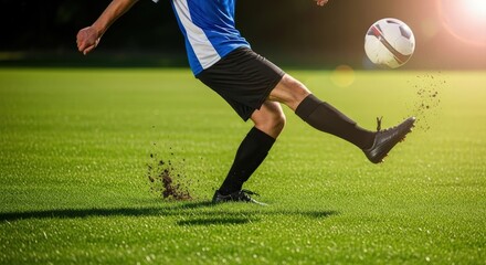 Naklejka premium A soccer player in a blue and white jersey kicks a soccer ball on a green field, dirt flying from his cleat as he makes contact with the ball in a dynamic action shot