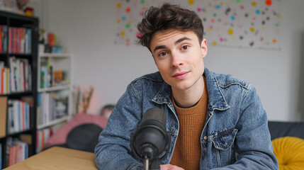 Young podcaster recording new content in his home studio