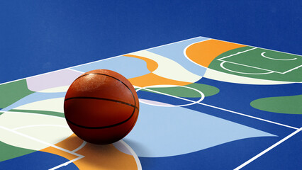 Creative digital artwork. Large basketball on abstract colorful court lines. Concept of energy, youth sport, branding, poster design, education and cultural awareness.
