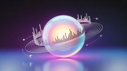 Luminous opalescent sphere with holographic charts on starry backdrop