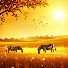 Golden Hour Zebras in African Savanna.