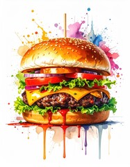 Colorful, detailed burger art with dripping paint