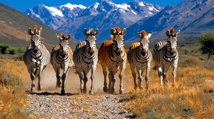 Herd of Zebras Running Towards the Mountains