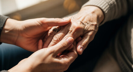 Close-up of two hands holding each other — a young caregiver’s hand gently supporting the wrinkled hand of an elderly person.