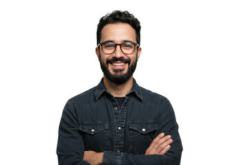 Smiling bearded man in glasses with arms crossed posing confidently for a professional portrait transparent background