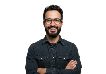Smiling bearded man in glasses with arms crossed posing confidently for a professional portrait transparent background