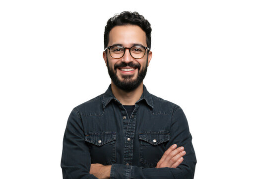 Smiling bearded man in glasses with arms crossed posing confidently for a professional portrait transparent background - Powered by Adobe