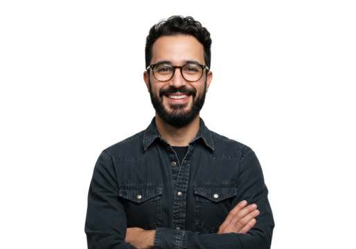 Smiling bearded man in glasses with arms crossed posing confidently for a professional portrait transparent background