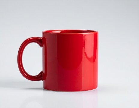 Bright red ceramic mug with white interior and raised heart design on front, featuring nested heart shapes, handle on left side, displayed against plain background.