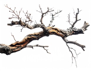 Dried branch, textured bark, against white