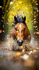 Chestnut Horse Running Through Autumn Leaves and Water