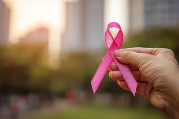 Hand holding pink ribbon for breast cancer awareness in city park.