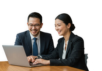 Asian business team working together on a laptop isolated on transparent background