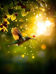 Hummingbird in Golden Sunlight Feeding on a Flower.