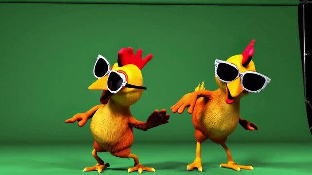 Two funny 3D animated cartoon chickens with sunglasses perform a synchronized dance together on a green screen background.