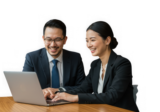 Asian business team working together on a laptop isolated on transparent background