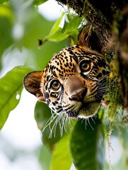 Curious Jaguar Cub Peeking from Rainforest Canopy