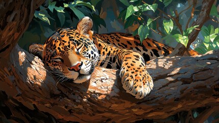Sleeping Jaguar in the Rainforest.
